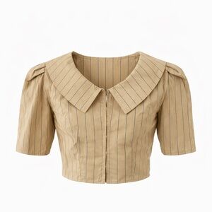Handmade Beige Pinstripe Crop Top XS – Sailor Collar Puff Sleeve Blouse